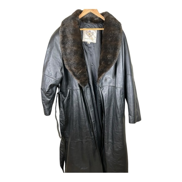 Vtg Laura Winston Collection XL Black Leather Trench Coat Fox Fur Collar - Picture 5 of 11